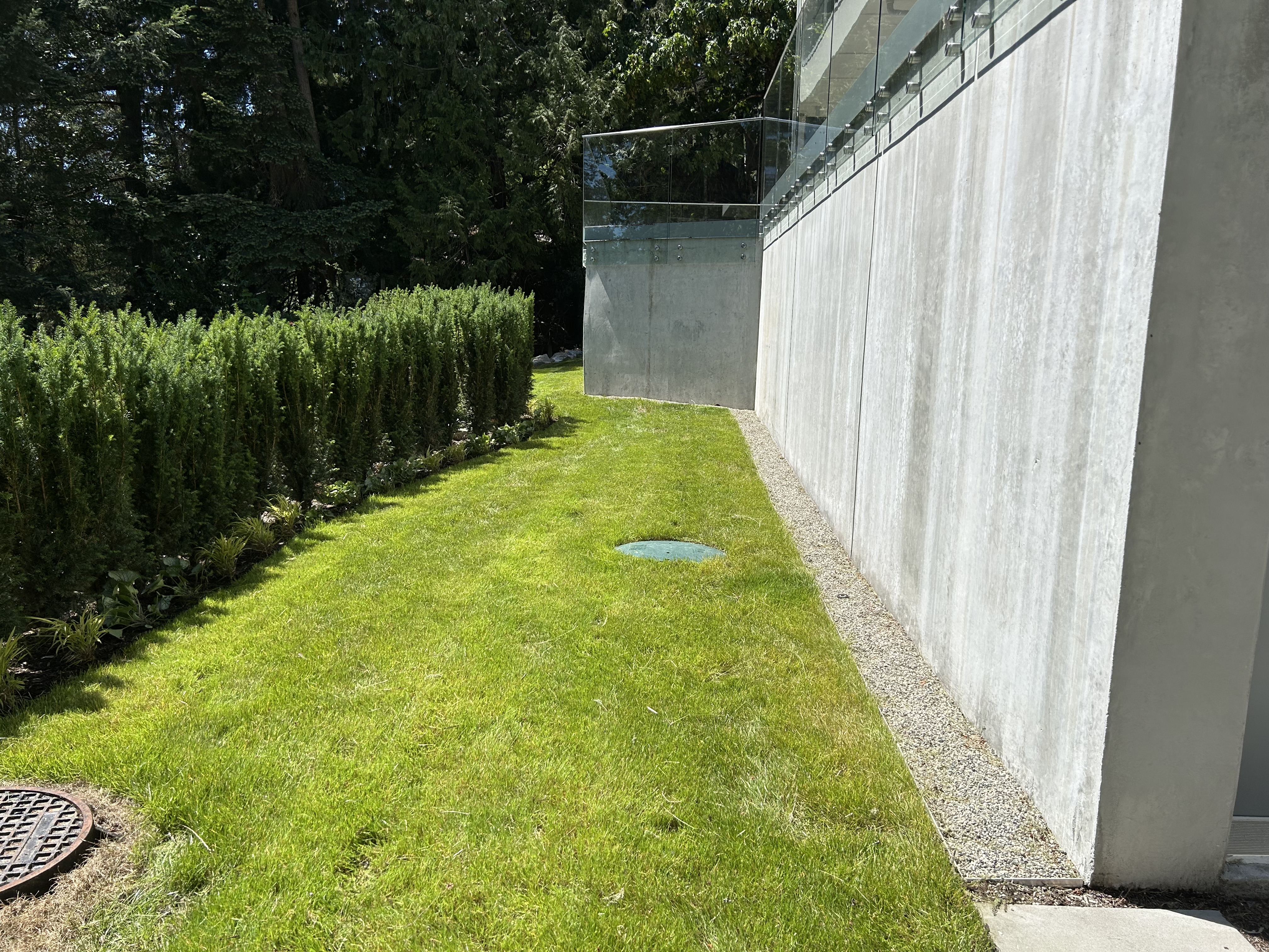 Lawn maintenance along building perimeter in Metro Vancouver, BC by Coastal Property Services