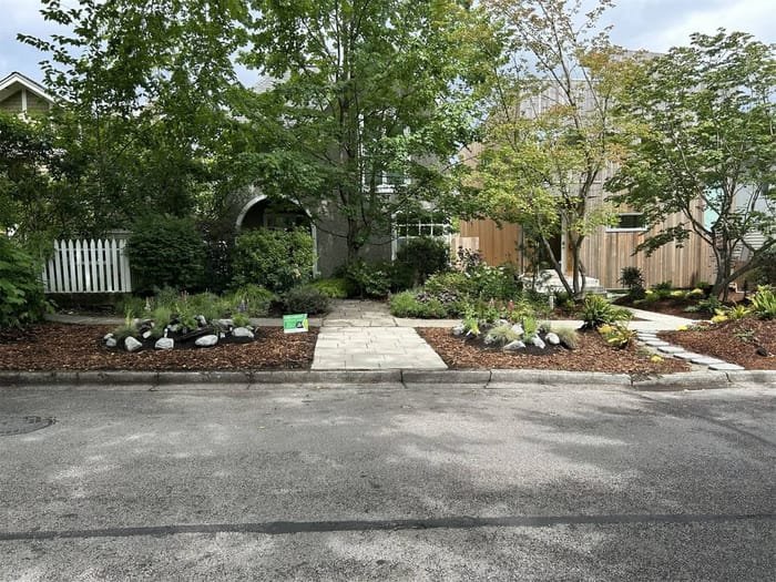 Paver walkway, mulch, and plant install in Metro Vancouver, BC by Coastal Property Services